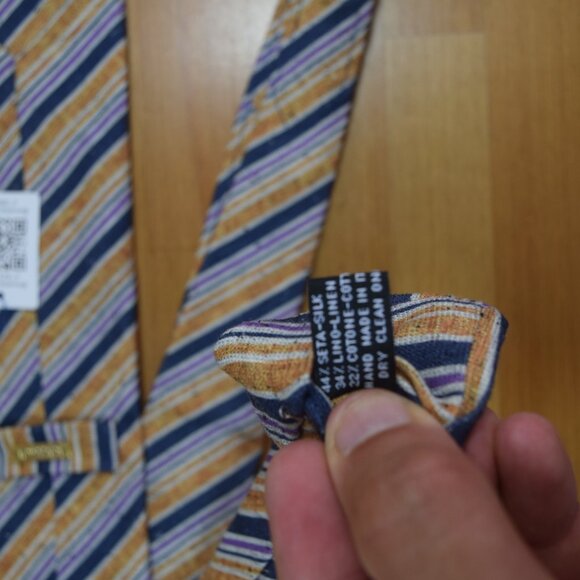 $570 ITALO FERRETTI Navy Blue Striped Handmade Silk Linen Neck Tie Italy XL - Picture 15 of 16
